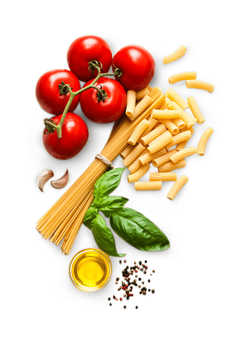 tomato, pasta, oil, pepper, garlic, and basil